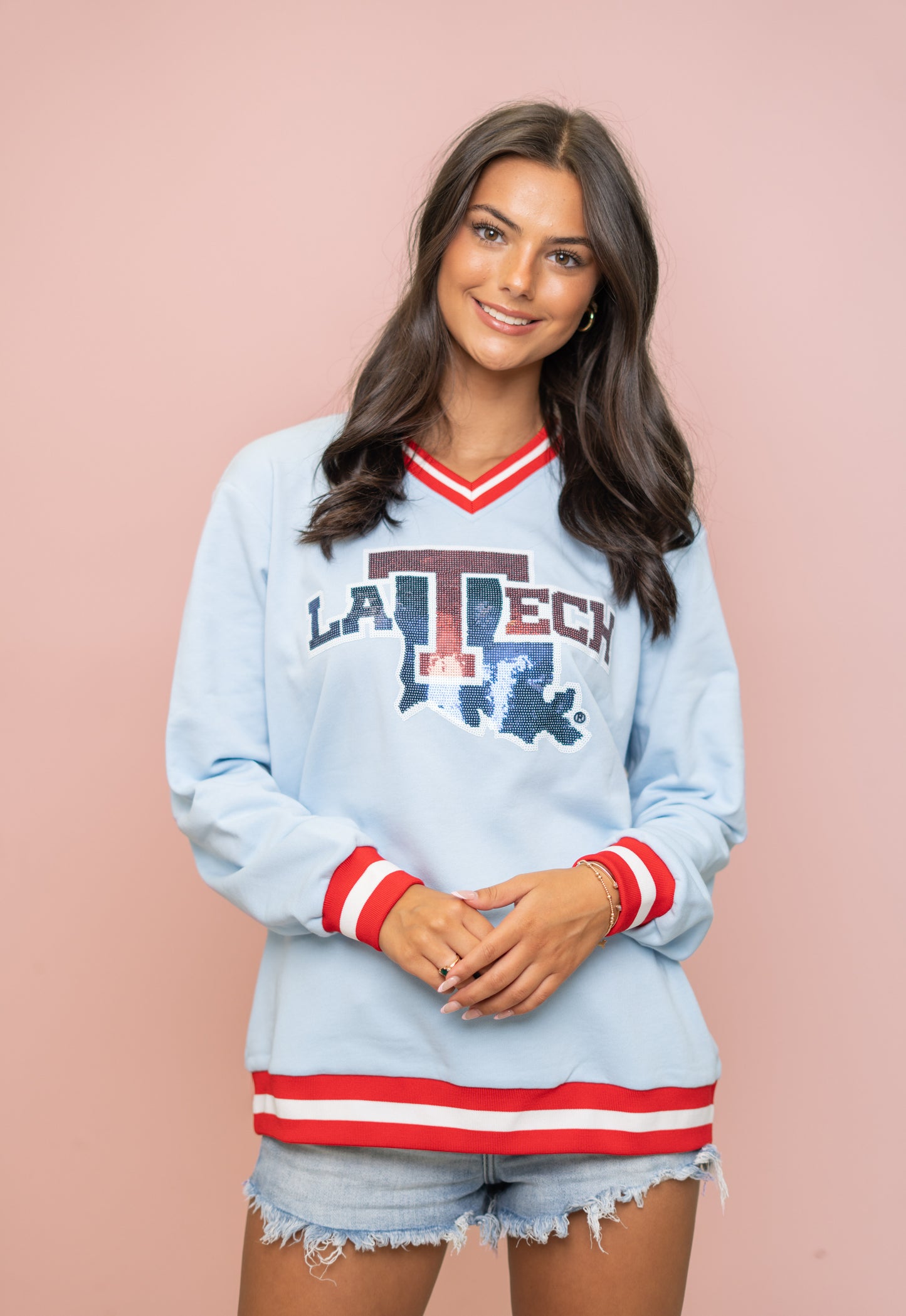 LA Tech (Licensed) | Women's Sequin Design Varsity Stripe Pullover (Blue)