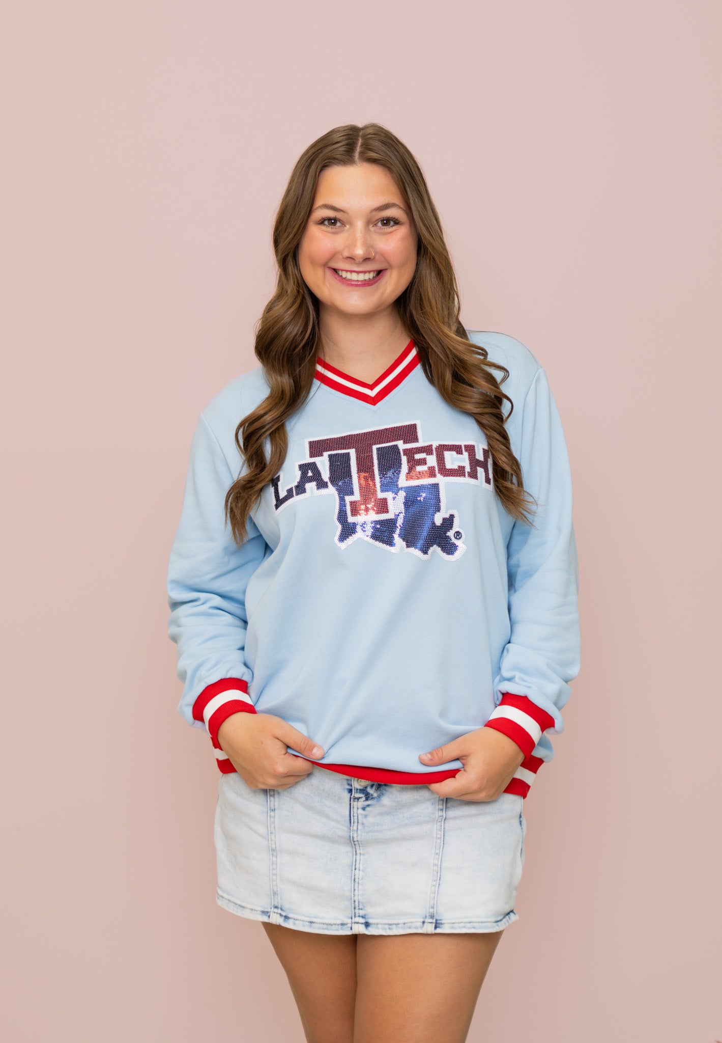 LA Tech (Licensed) | Women's Sequin Design Varsity Stripe Pullover (Blue)