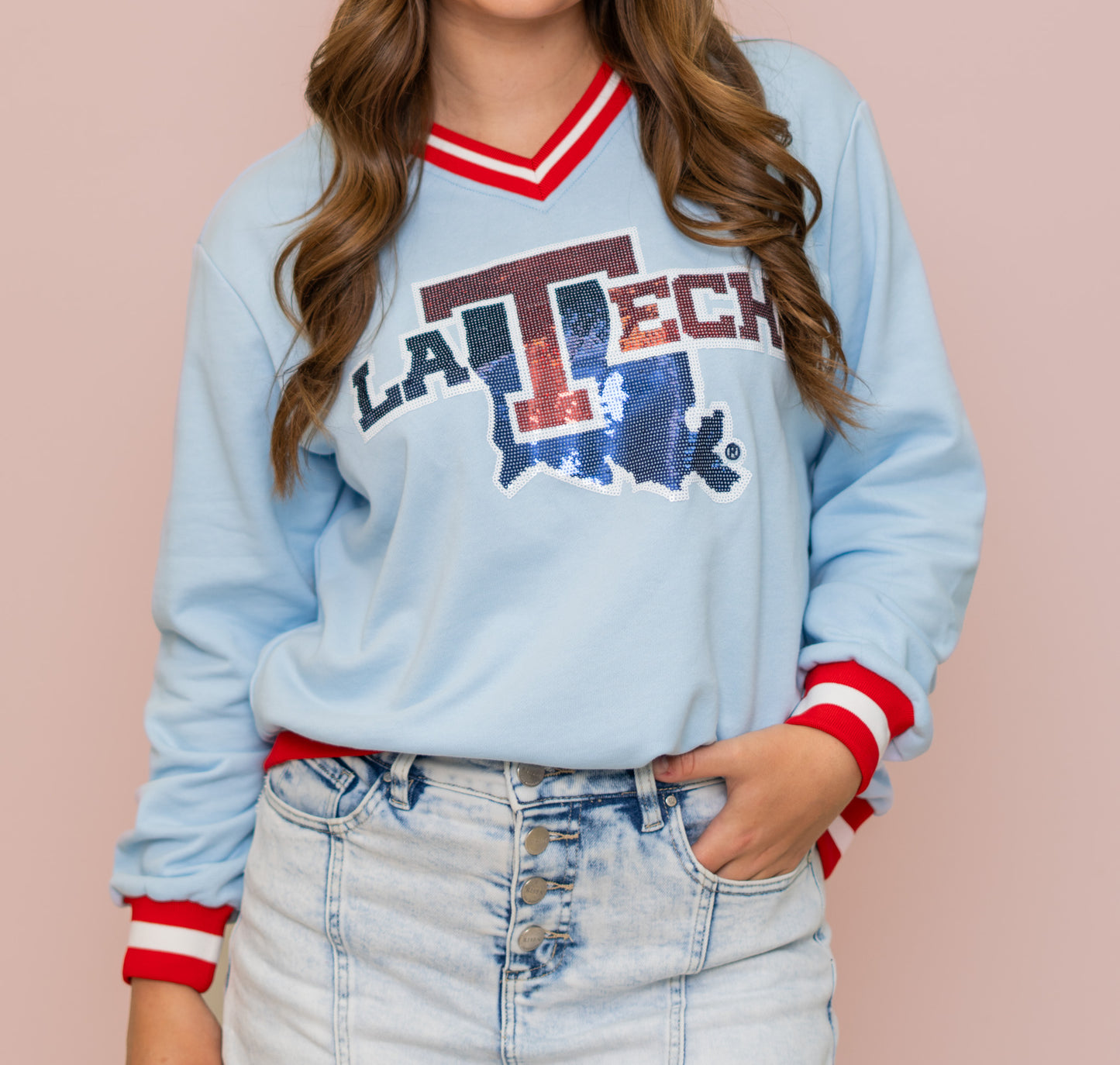 LA Tech (Licensed) | Women's Sequin Design Varsity Stripe Pullover (Blue)