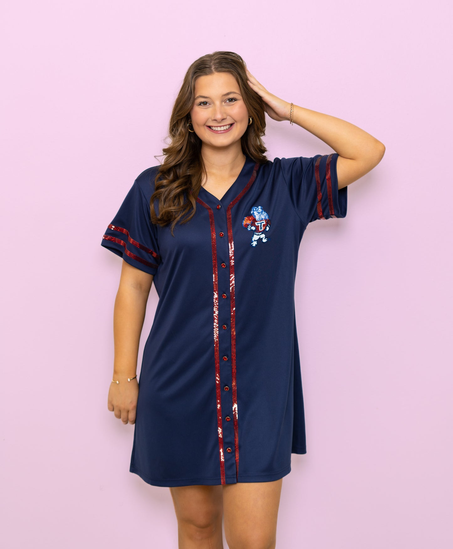 LA Tech Baseball (Licensed) | Women's Sequin Embroidery Baseball Jersey Dress (Navy)