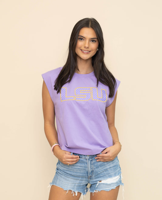 LSU (Licensed) | Women's Polka Dot Appliqué Embroidery Boxy Tank (Lavender)
