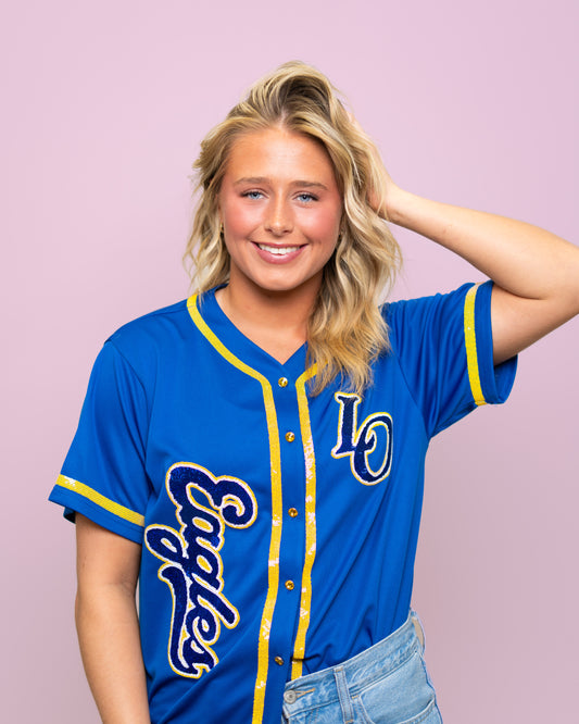 Live Oak Eagles | Women's Sequin Embroidery Baseball Jersey (Blue)