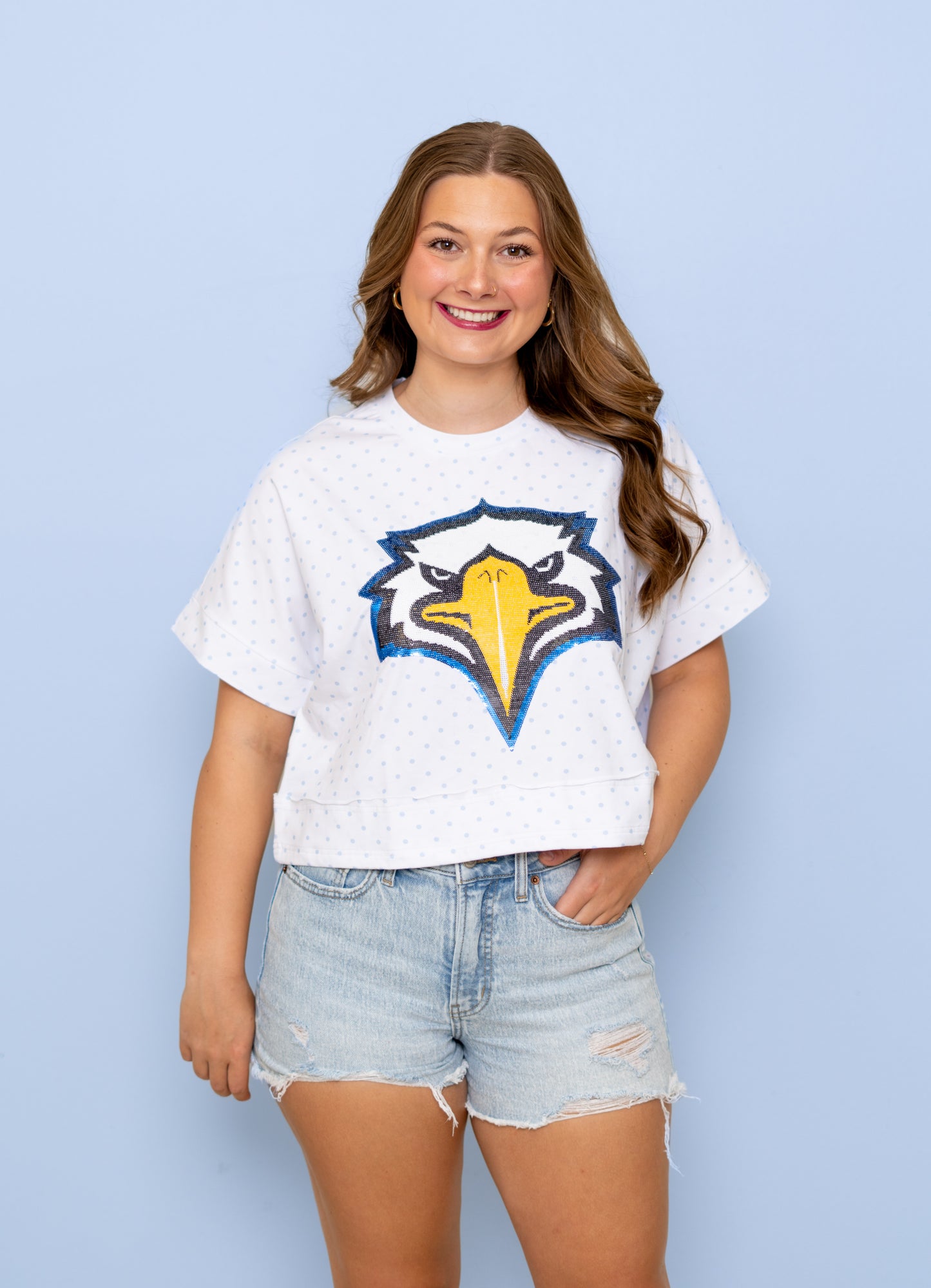**PRE-ORDER ONLY** Eagles | Polka Dot Exposed Seam Crop Shirt (Blue Polka Dot)