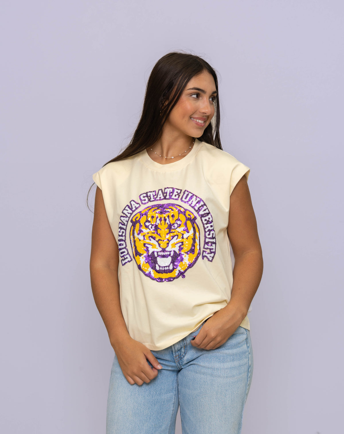 LSU Louisiana State University (LICENSED) | Women's Sequin Design Boxy Tank (Cream)