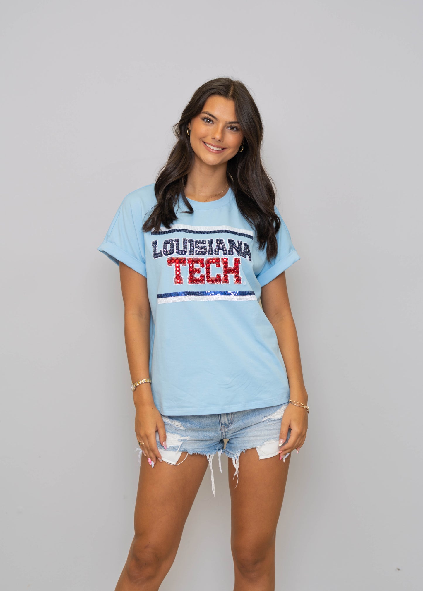 LA Tech (Licensed) | Women's Sequin + Jewel Design Cuff Sleeve Tee(Blue)