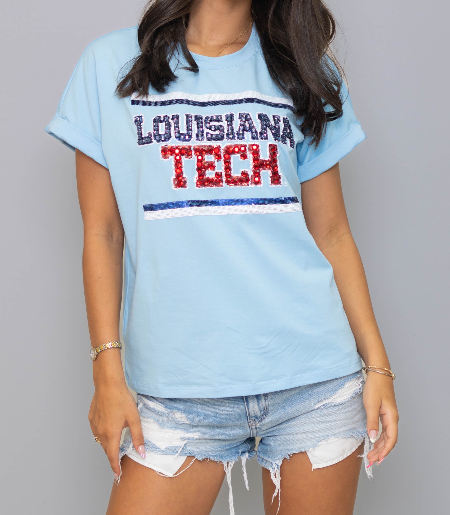 LA Tech (Licensed) | Women's Sequin + Jewel Design Cuff Sleeve Tee(Blue)