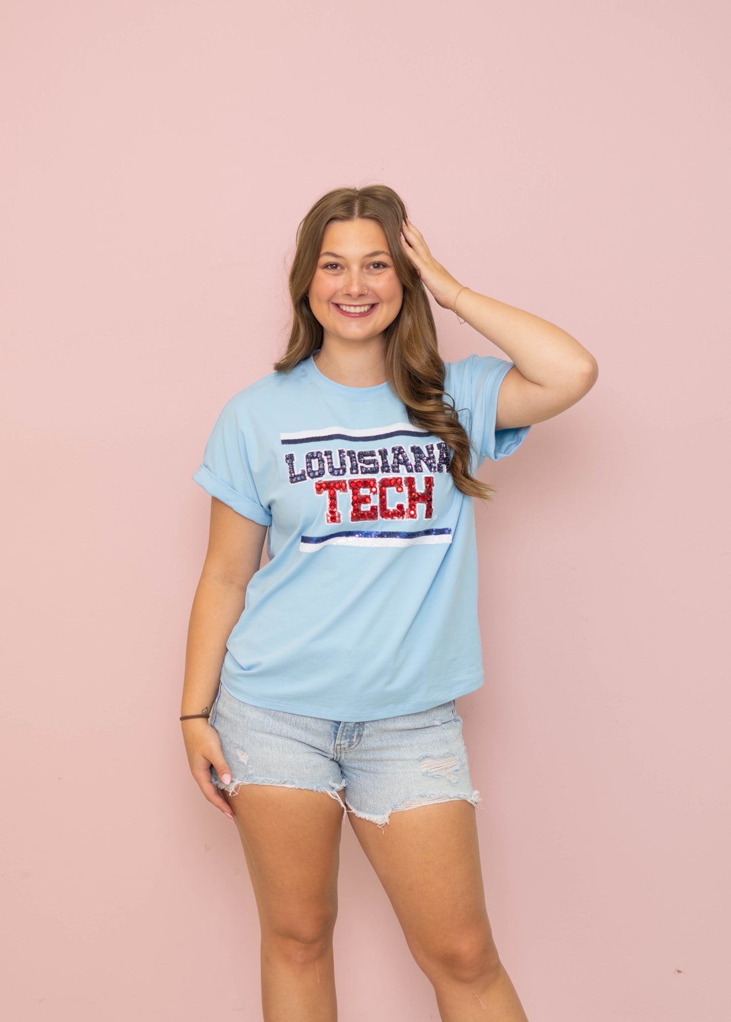 LA Tech (Licensed) | Women's Sequin + Jewel Design Cuff Sleeve Tee(Blue)