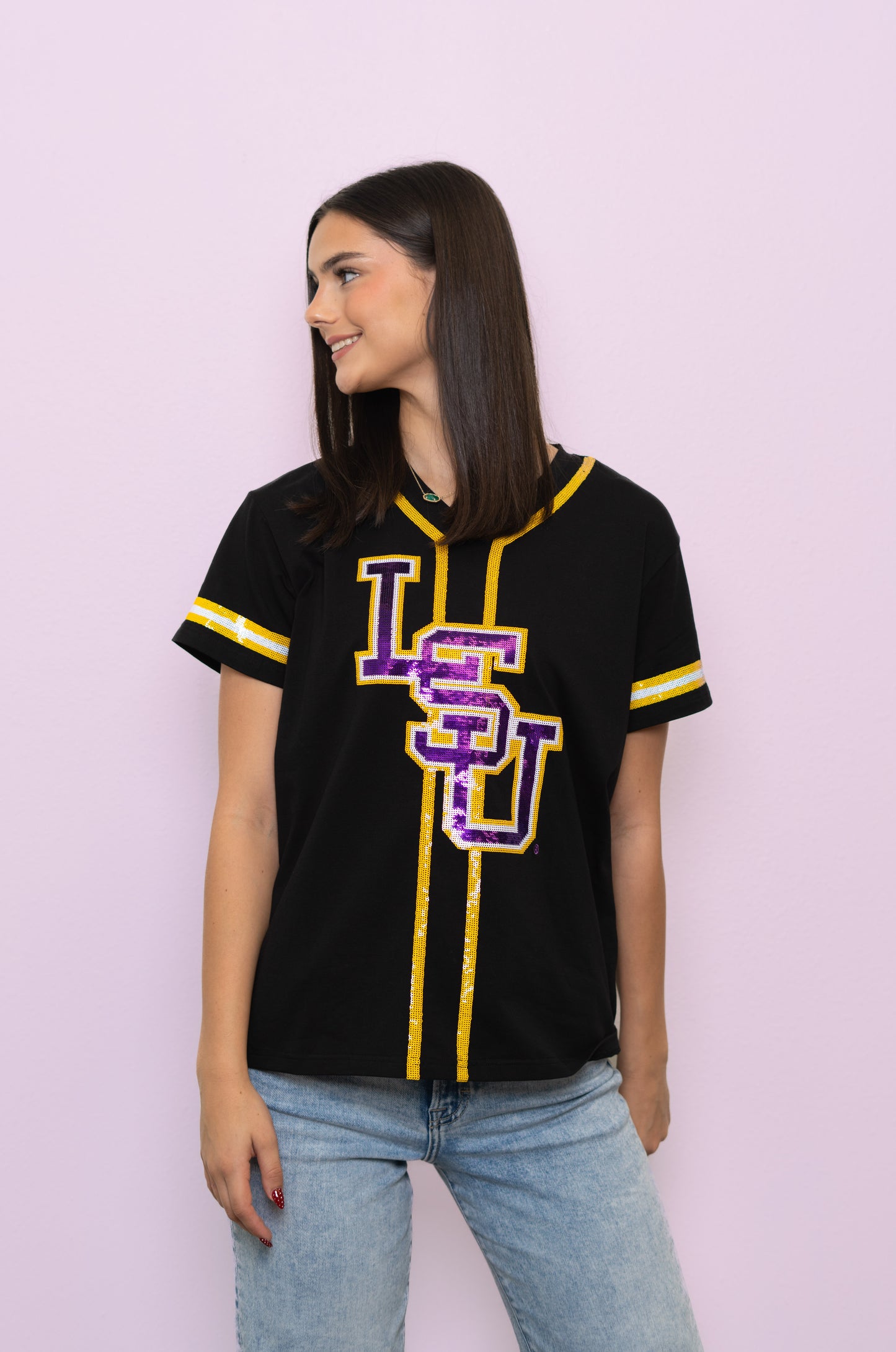 **PRE-ORDER ONLY** Wholesale | LSU Baseball Logo (Licensed) | Women's Sequin Embroidery Baseball Jersey Tee (Black)