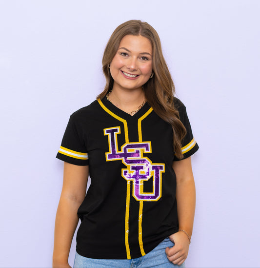 **PRE-ORDER ONLY** LSU Baseball Logo (Licensed) | Women's Sequin Embroidery Baseball Jersey Tee (Black)