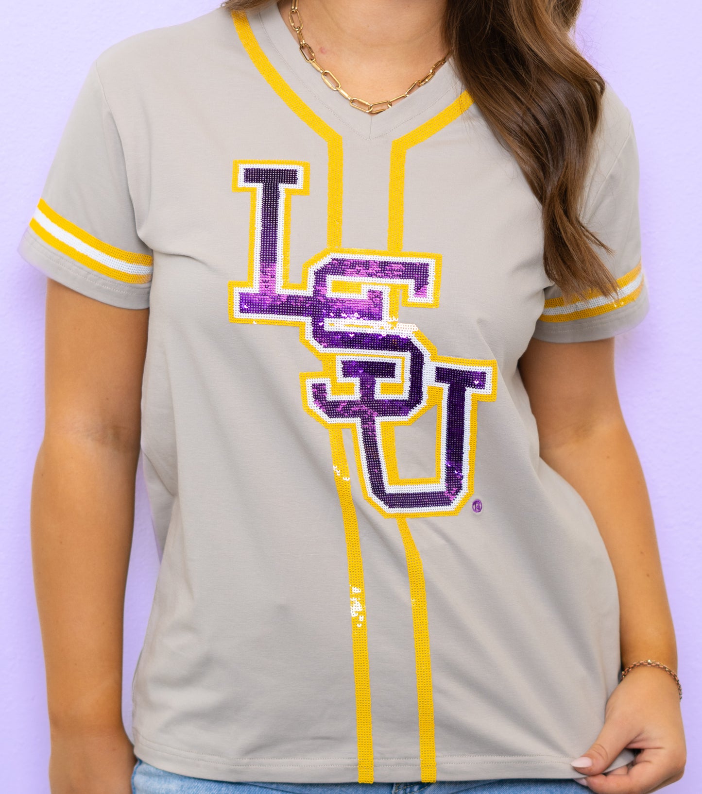 **PRE-ORDER ONLY** LSU Baseball Logo (Licensed) | Women's Sequin Embroidery Baseball Jersey Tee (Grey)