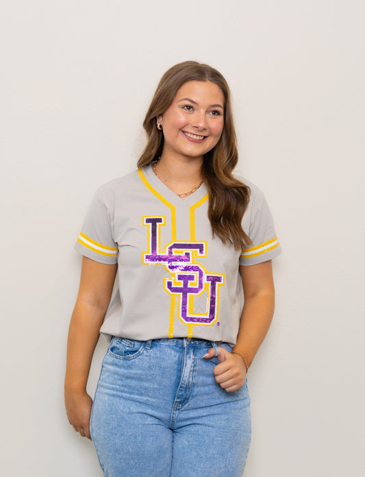 **PRE-ORDER ONLY** Wholesale | LSU Baseball Logo (Licensed) | Women's Sequin Embroidery Baseball Jersey Tee (Grey)