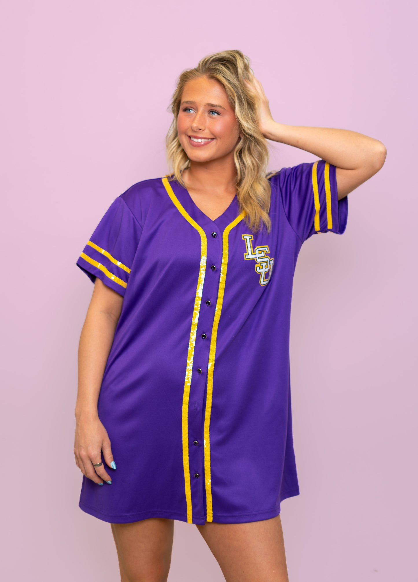 LSU Tigers Baseball (Licensed) | Women's Sequin Embroidery Baseball Jersey Dress (Purple)