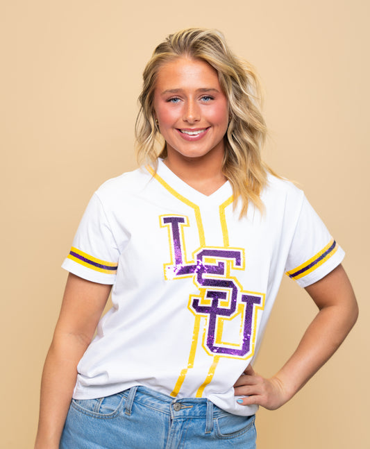 LSU Baseball Logo (Licensed) | Women's Sequin Embroidery Baseball Jersey Tee (White)