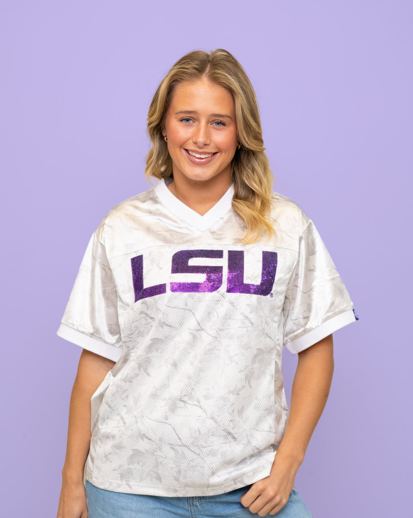 **PRE-ORDER ONLY** Wholesale | LSU (Licensed) | Women's Sequin Design Football Jersey (White Camo)