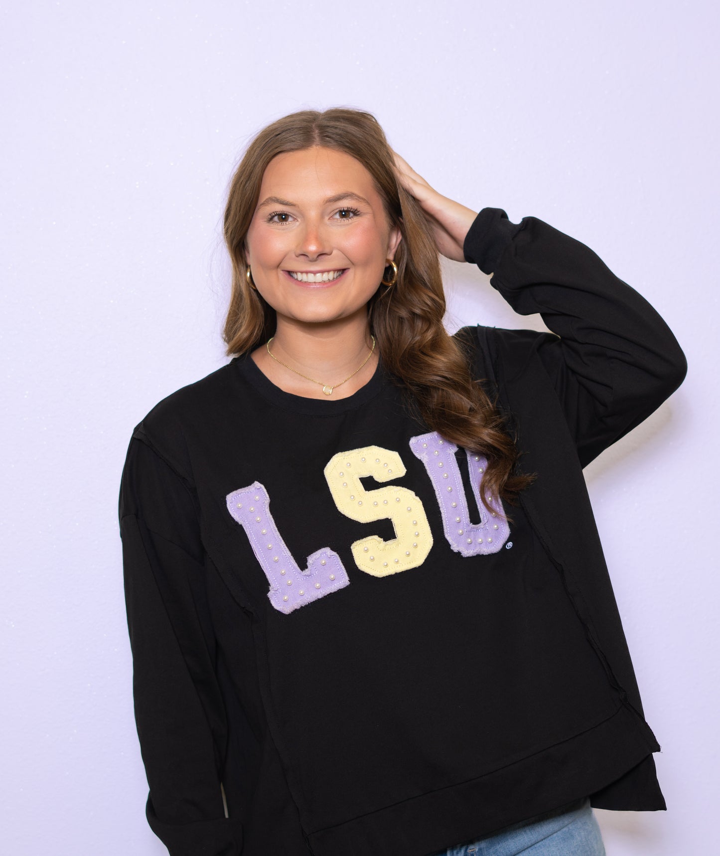 **PRE-ORDER ONLY** Wholesale | LSU (Licensed) | Women's Distressed Embroidery Pullover (Black)