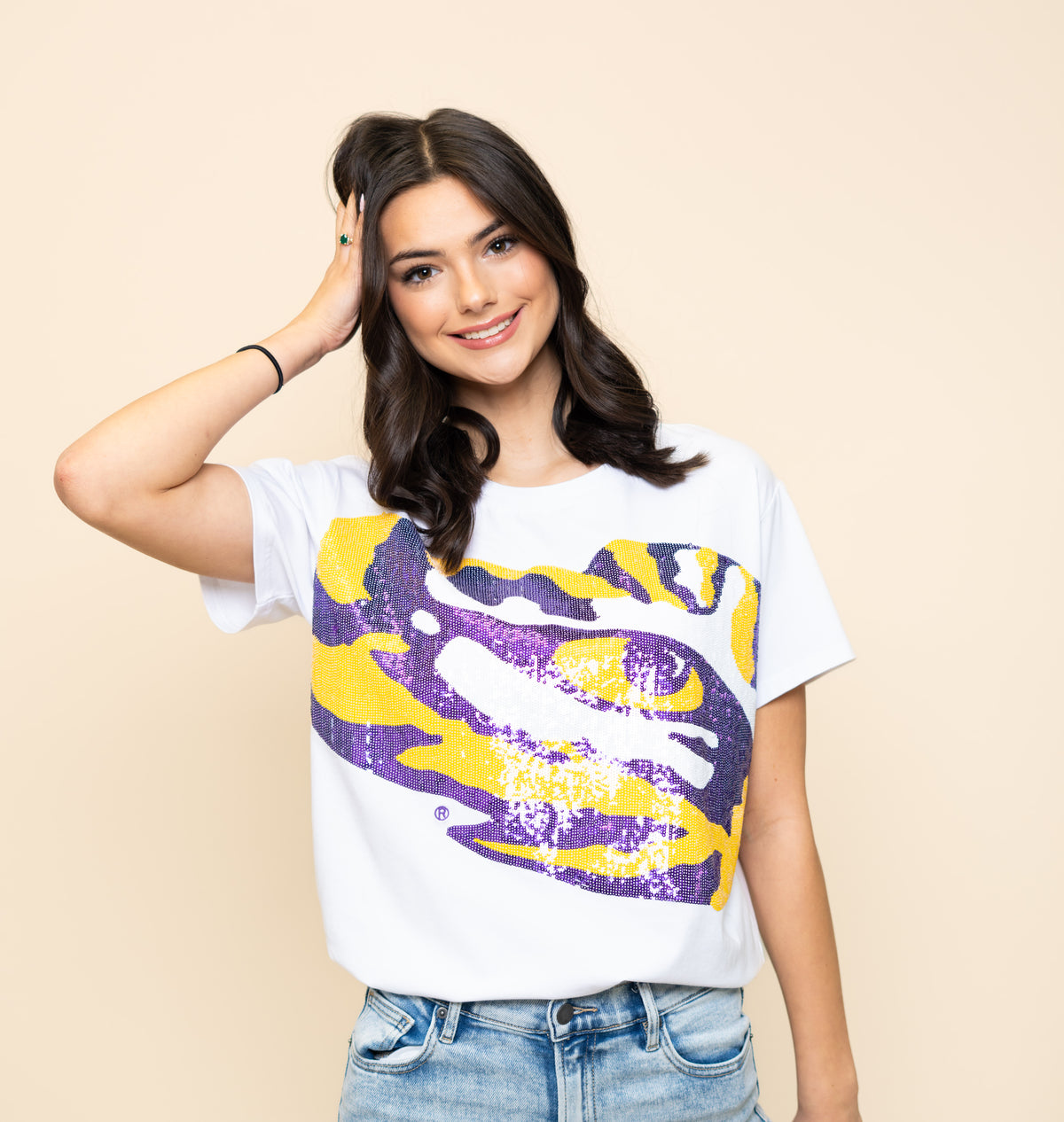 LSU Tiger Eye (LICENSED) | Women's Sequin Design Tee (White)