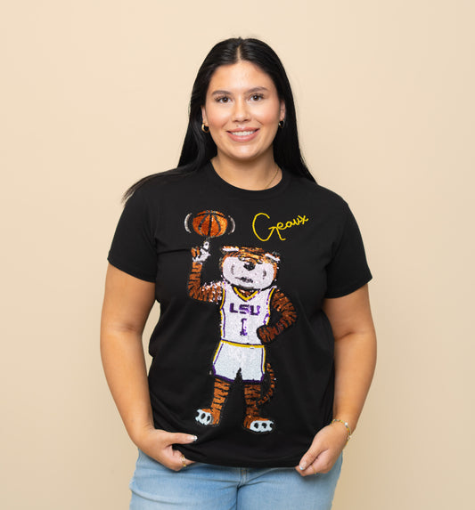 LSU Geaux Mike Basketball (LICENSED)| Women's Sequin Design Tee (Black)
