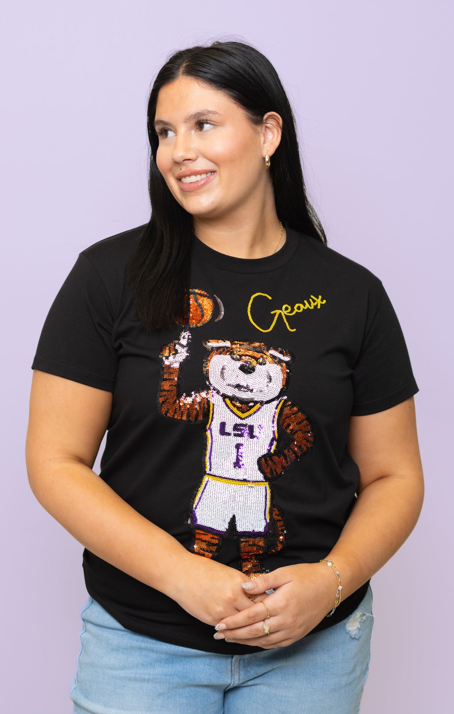 LSU Geaux Mike Basketball (LICENSED)| Women's Sequin Design Tee (Black)