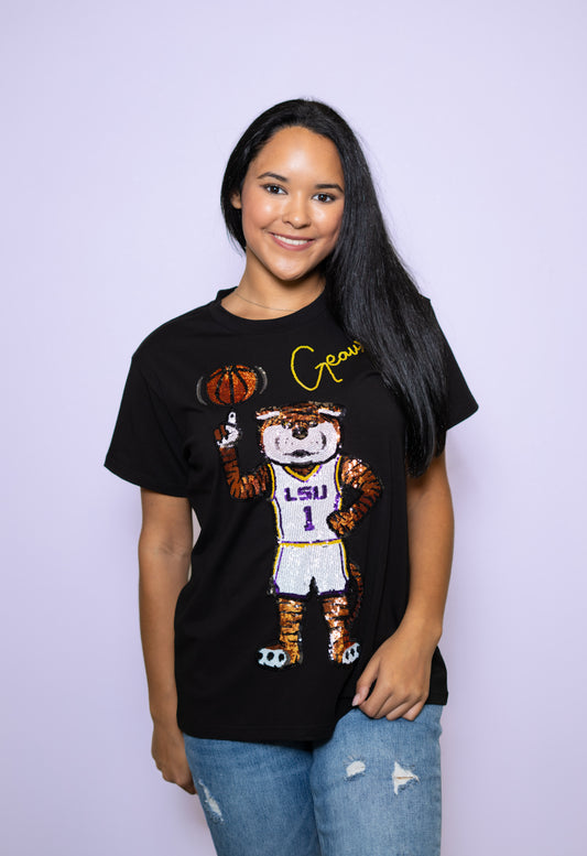 **PRE-ORDER ONLY** LSU Geaux Mike Basketball (LICENSED)| Women's Sequin Design Tee (Black)