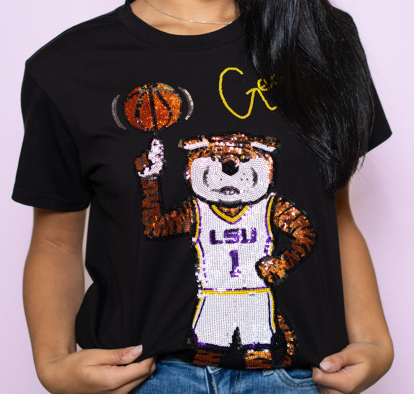 **PRE-ORDER ONLY** LSU Geaux Mike Basketball (LICENSED)| Women's Sequin Design Tee (Black)