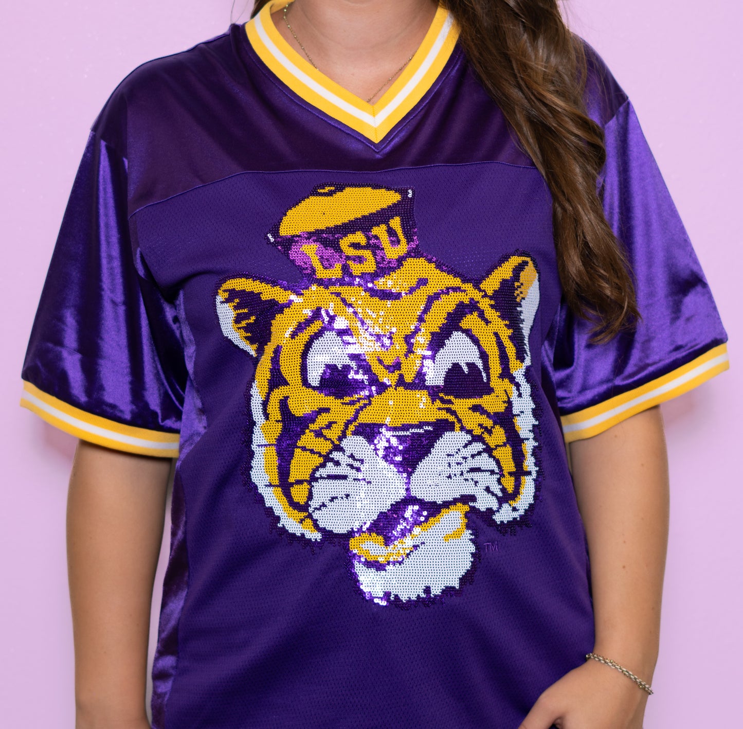 Wholesale | LSU Vintage Tiger (Licensed) | Women's Sequin Design Football Jersey (Purple)