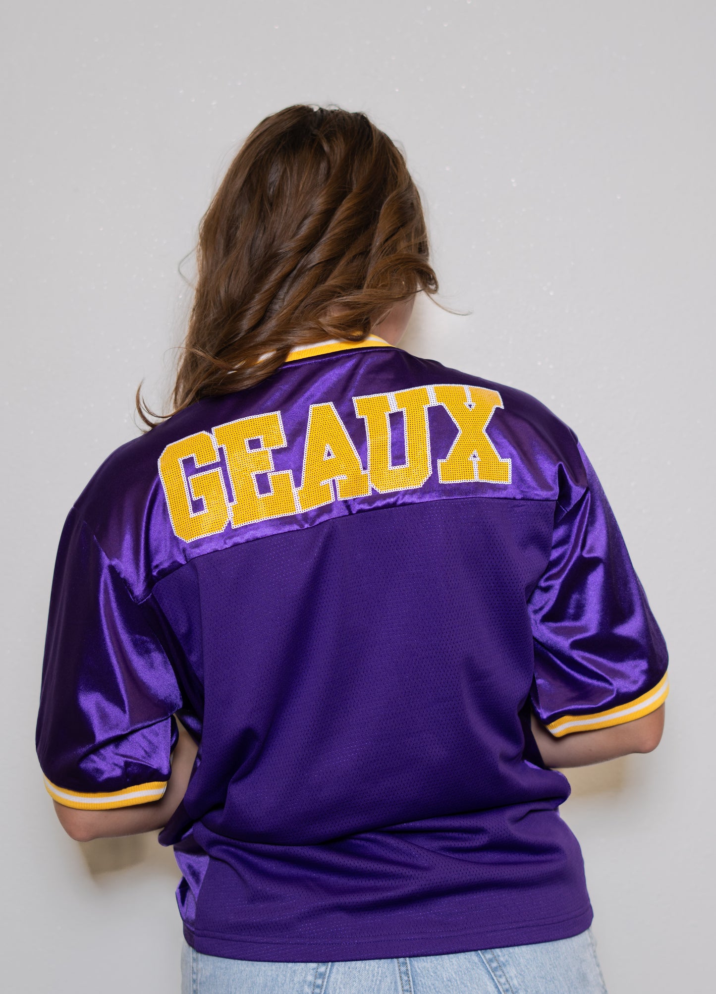 Wholesale | LSU Vintage Tiger (Licensed) | Women's Sequin Design Football Jersey (Purple)