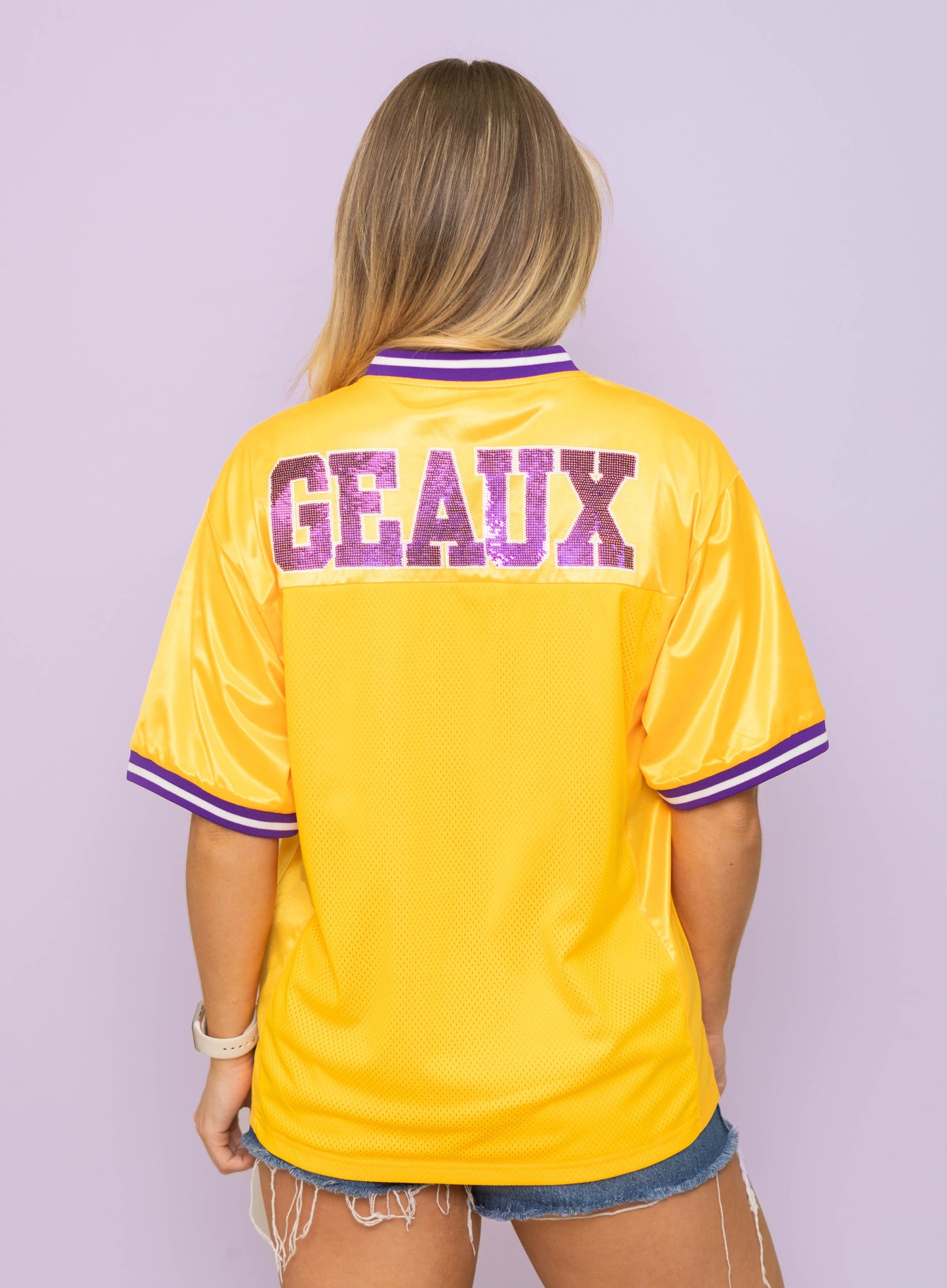 **PRE-ORDER ONLY** Wholesale | LSU (Licensed) | Women's Sequin Design Football Jersey (Gold)