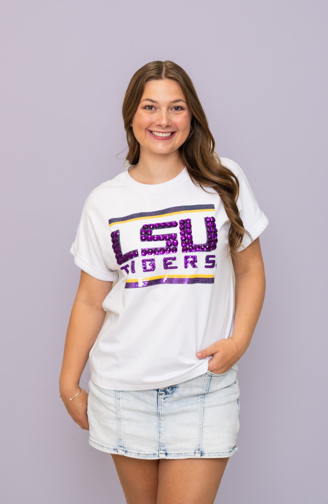 Wholesale | LSU Tigers (Licensed) | Women's Sequin + Jewel Design Cuff Sleeve (White)