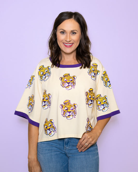LSU VINTAGE (LICENSED) | Women's Oversized Scattered Crop Tee (Cream)