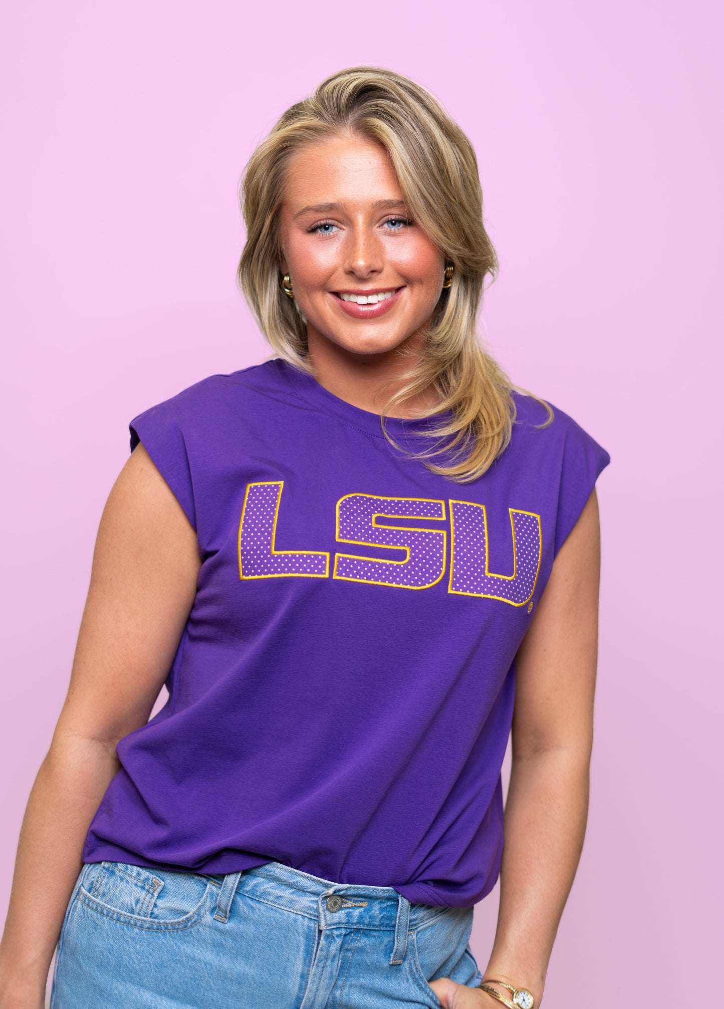 LSU (Licensed) | Women's Polka Dot Appliqué Embroidery Boxy Tank (Purple)
