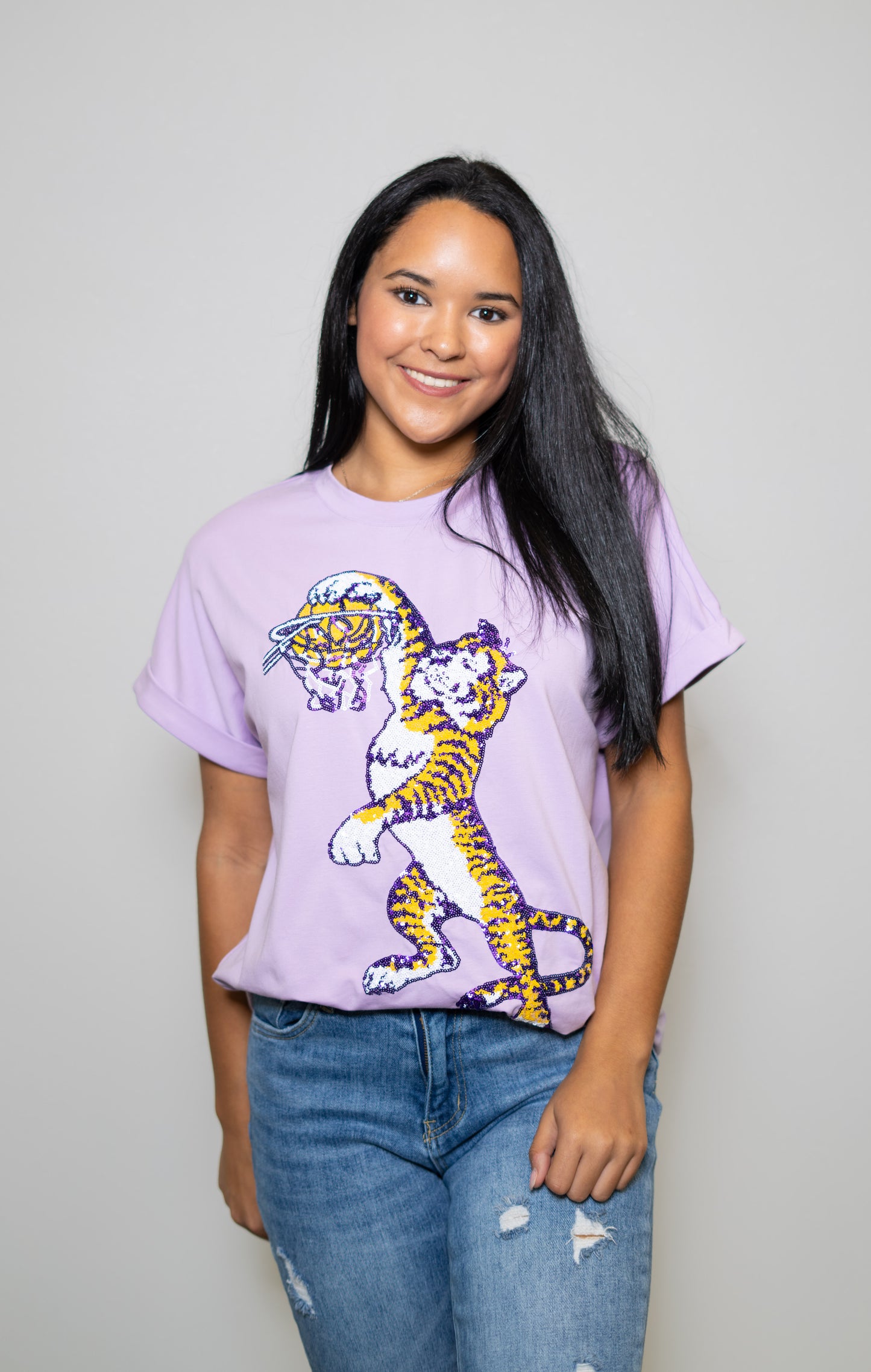 **PRE-ORDER ONLY** LSU Vintage Basketball (LICENSED)| Women's Sequin Design Cuff Sleeve Tee (Lavender)