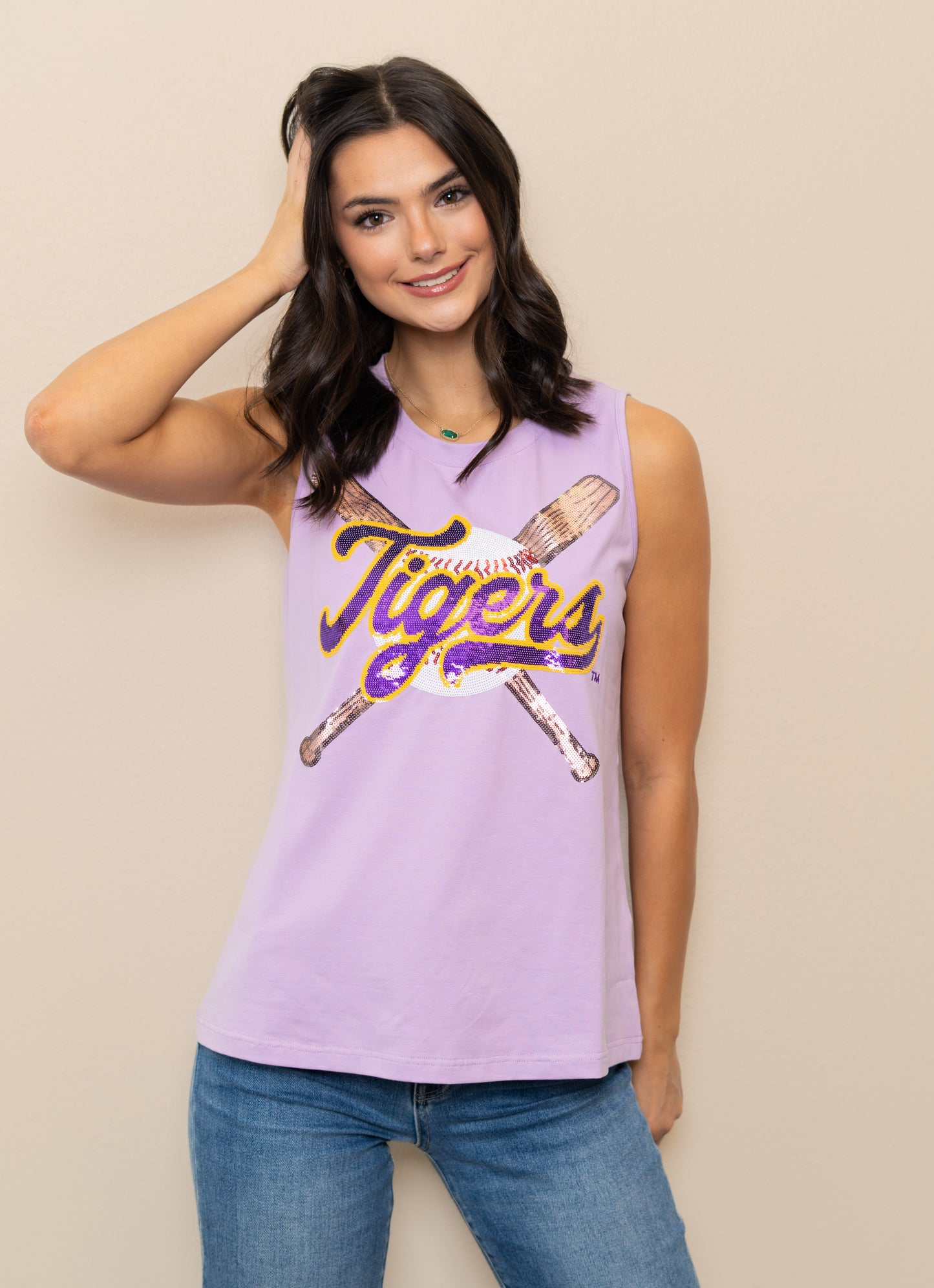 LSU Tigers Criss-Cross Baseball Bats Tank (LICENSED) | Women's Sequin Design Tank (Lavender)