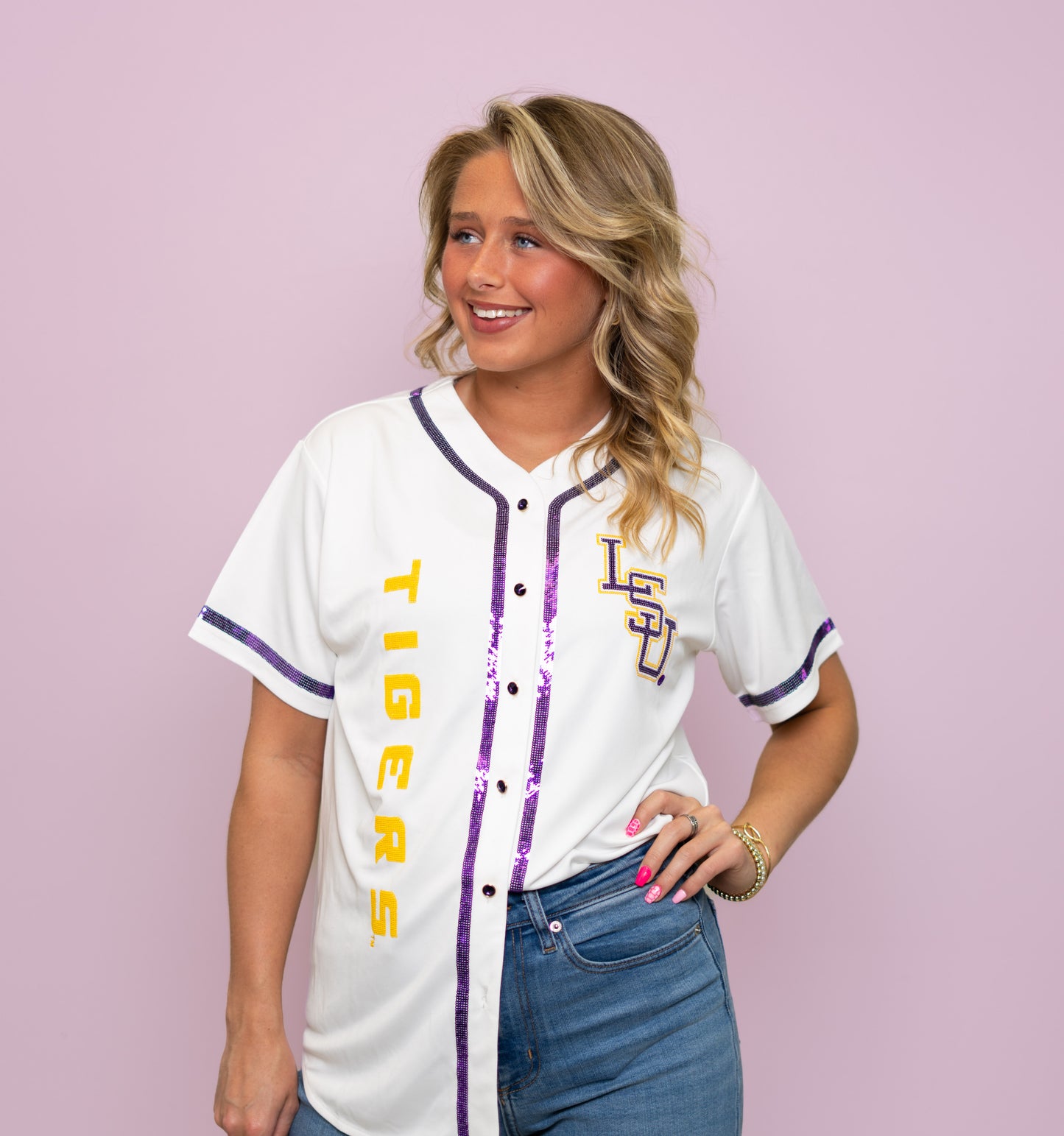 LSU Tigers (Licensed) | Women's Sequin Embroidery Baseball Jersey (White)