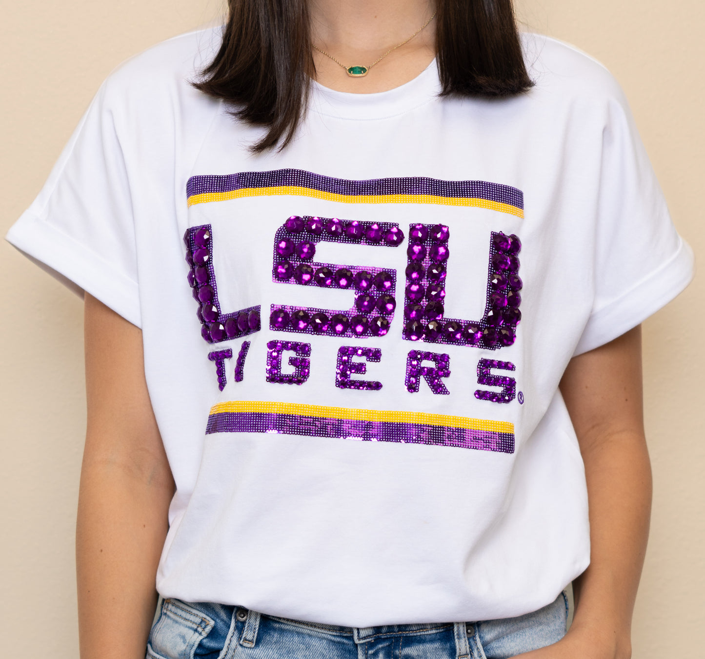 Wholesale | LSU Tigers (Licensed) | Women's Sequin + Jewel Design Cuff Sleeve (White)