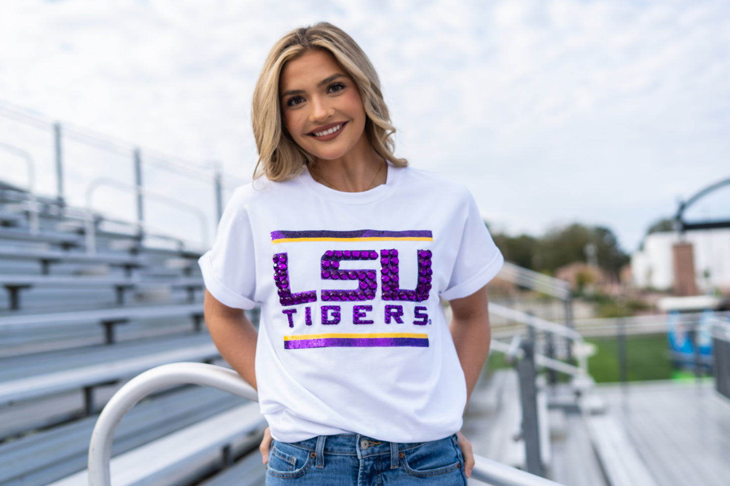 Wholesale | LSU Tigers (Licensed) | Women's Sequin + Jewel Design Cuff Sleeve (White)