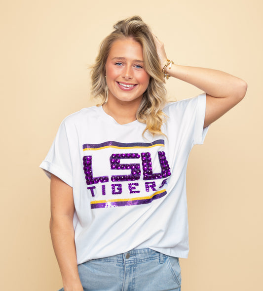 LSU Tigers (Licensed) | Women's Sequin + Jewel Design Cuff Sleeve Tee (White)
