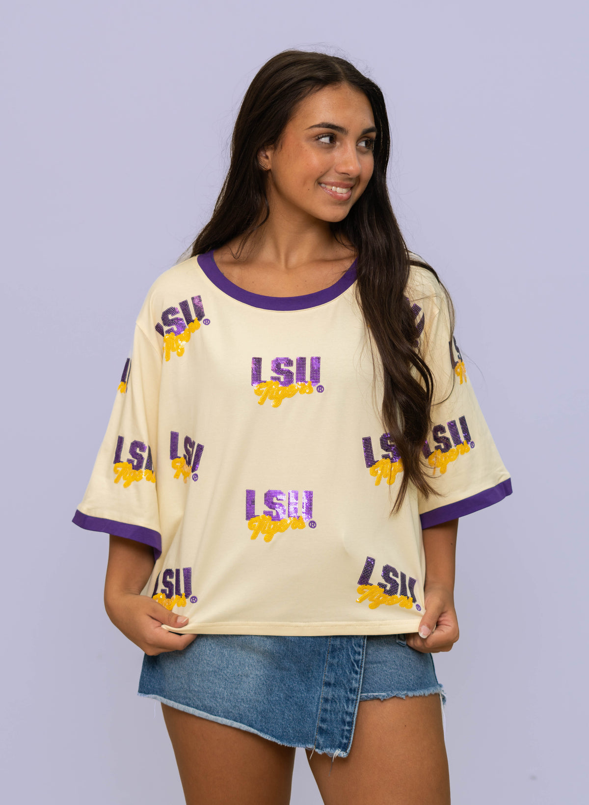 LSU TIGERS Vintage Logo (Licensed) | Women's Oversized Scattered Crop (Cream)