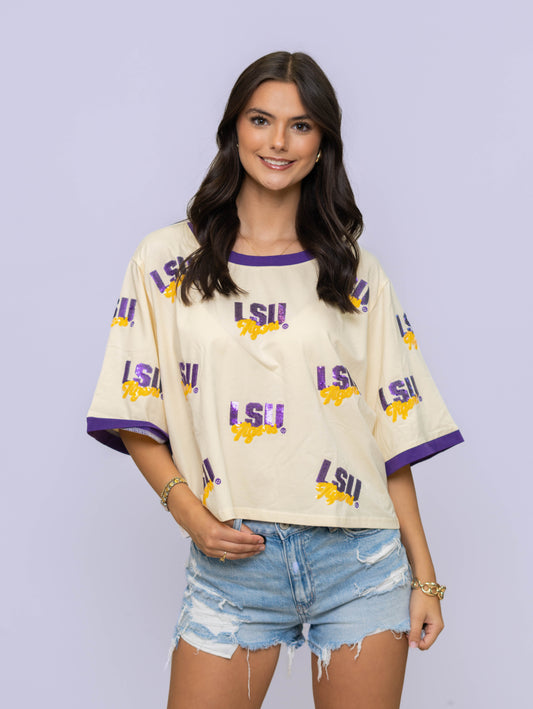 Wholesale | LSU TIGERS Vintage Logo (Licensed) | Women's Oversized Scattered Crop (Cream)