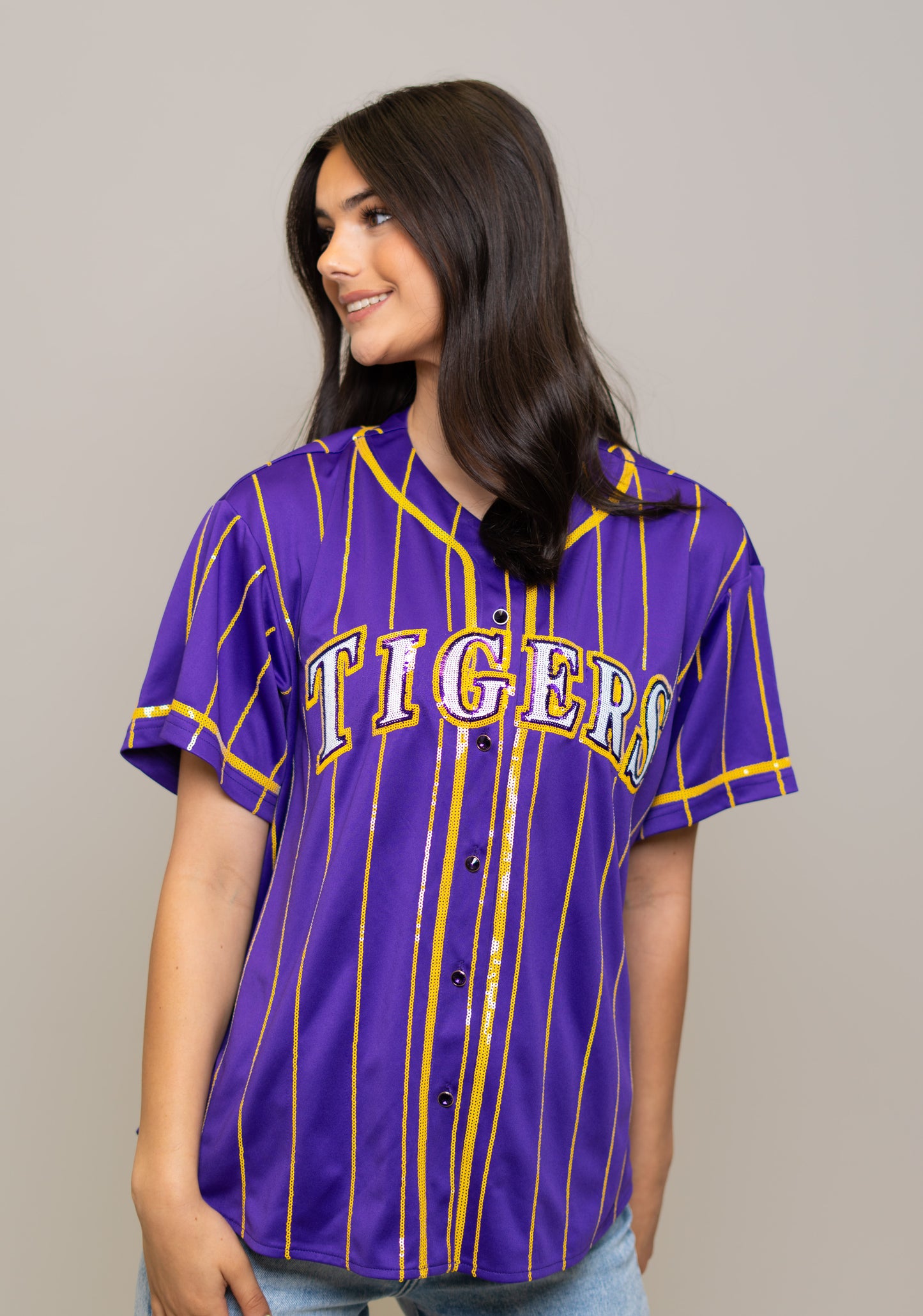 **PRE-ORDER ONLY** LSU Tigers Pinstripe (Licensed) | Women's Sequin Embroidery Baseball Jersey (Purple)