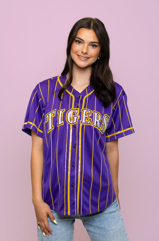 **PRE-ORDER ONLY** LSU Tigers Pinstripe (Licensed) | Women's Sequin Embroidery Baseball Jersey (Purple)