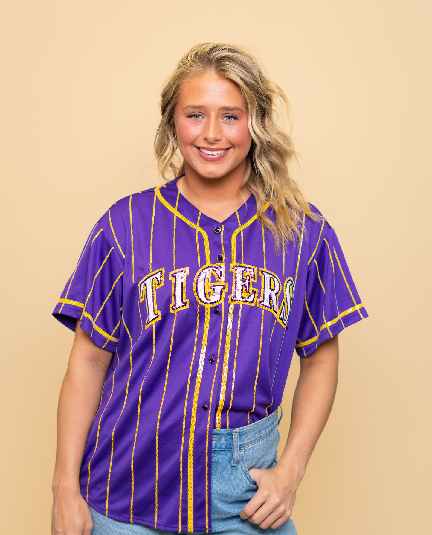 LSU Tigers Pinstripe (Licensed) | Women's Sequin Embroidery Baseball Jersey (Purple)