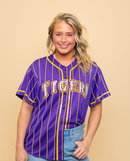 LSU Tigers Pinstripe (Licensed) | Women's Sequin Embroidery Baseball Jersey (Purple)