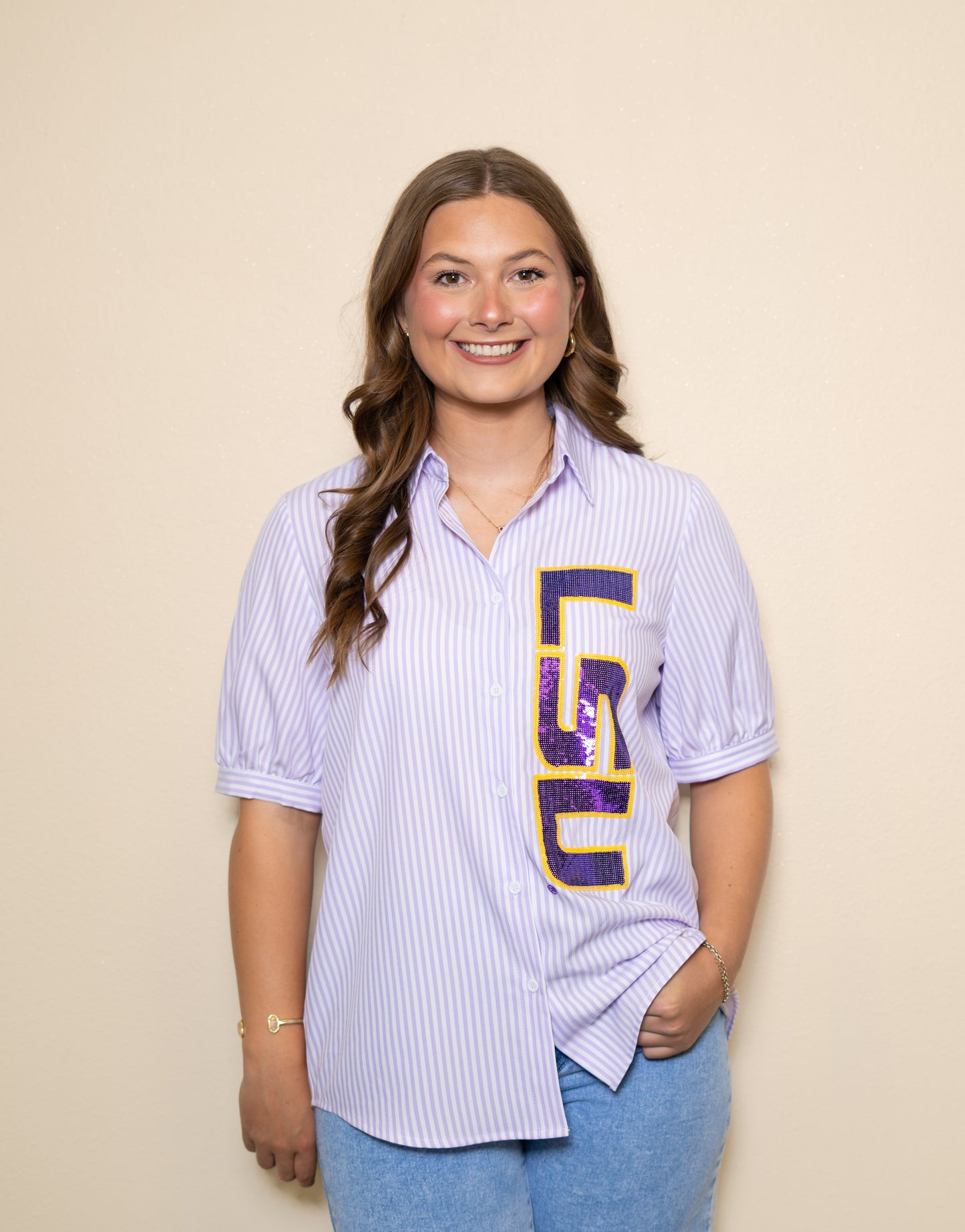 **PRE-ORDER ONLY** Wholesale | LSU (Licensed) | Women's Vertical Logo Sequin Design Button Down (Purple Stripe)