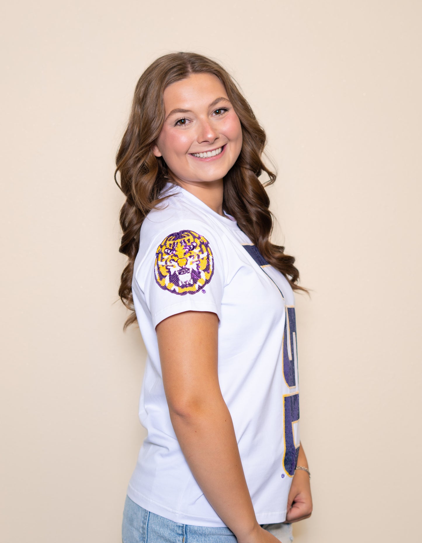 **PRE-ORDER ONLY** LSU Vertical Logo + Tiger Sleeve (LICENSED) | Women's Sequin Design Tee (White)