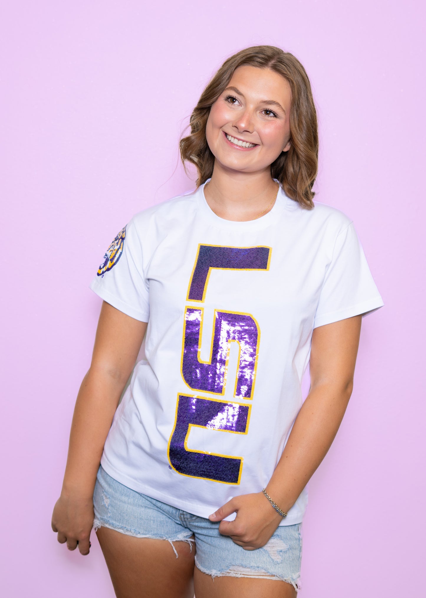 **PRE-ORDER ONLY** LSU Vertical Logo + Tiger Sleeve (LICENSED) | Women's Sequin Design Tee (White)
