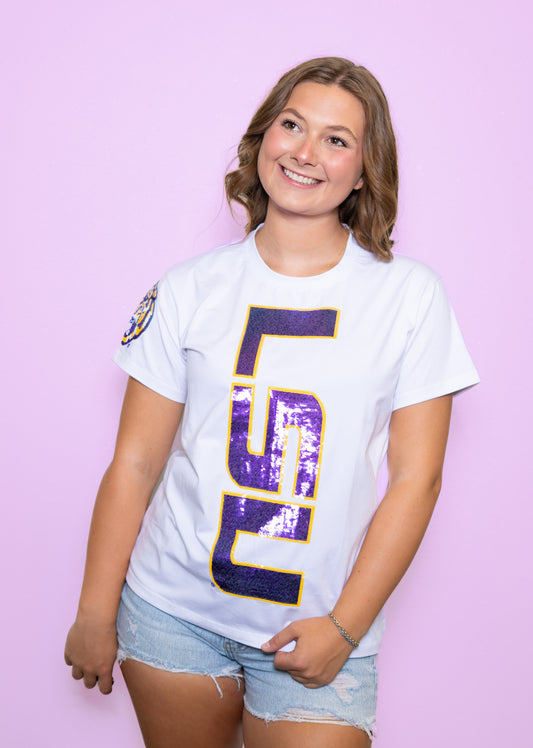 **PRE-ORDER ONLY** LSU Vertical Logo + Tiger Sleeve (LICENSED) | Women's Sequin Design Tee (White)