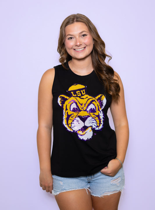 **PRE-ORDER ONLY** LSU Vintage Tiger (Licensed) | Women's Sequin Design Tank (Black)