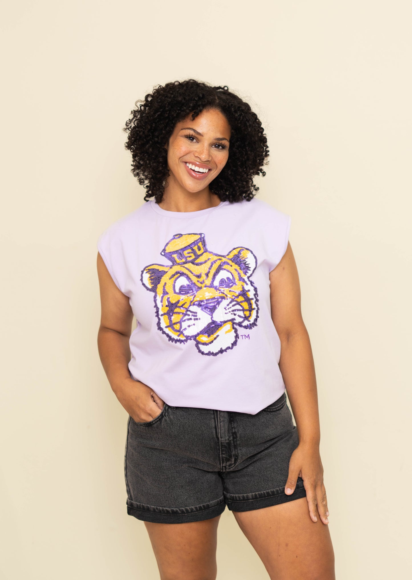 LSU Vintage Louisiana State University (LICENSED) | Women's Sequin Design Boxy Tank (Lavender)