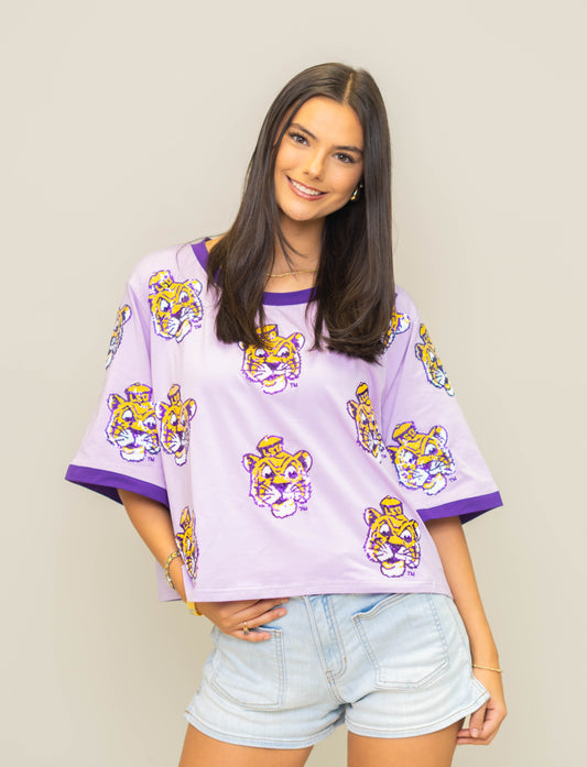Wholesale | LSU VINTAGE (LICENSED) | Women's Oversized Scattered Crop Tee (Lavender)