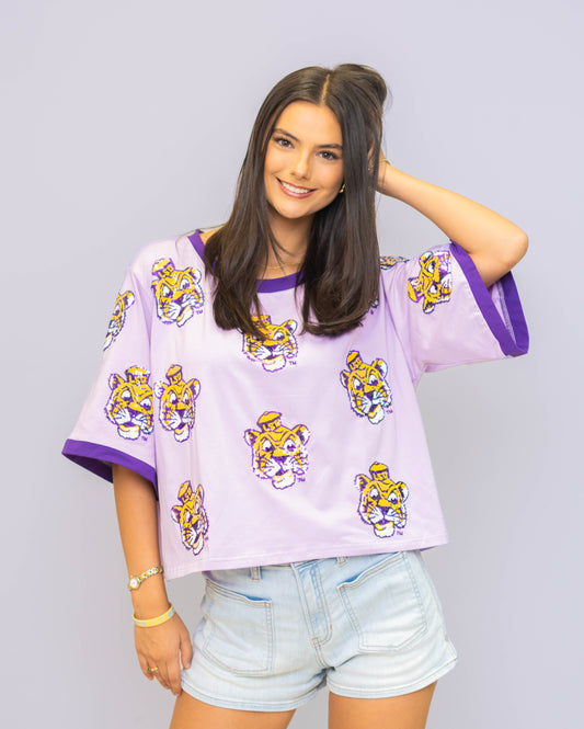 LSU VINTAGE (LICENSED) | Women's Oversized Scattered Crop Tee (Lavender)